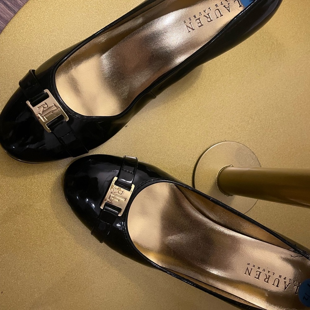 Ralph Lauren Black Patent Leather Heels with Gold Accents